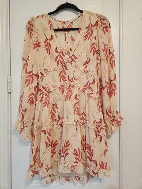 Lush Cream Floral Long Sleeve Ruffle Dress with Dark Pink Leaf Print